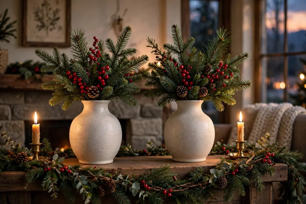 Pair of matching vases with fir, pine, and red berries plus candles on a mantel.