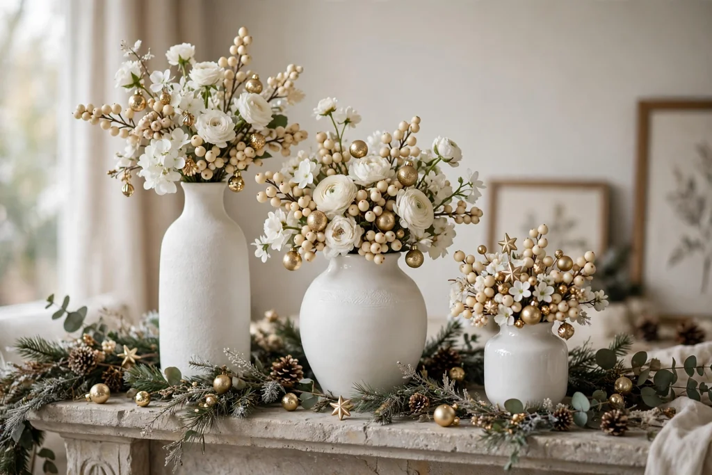 Three white vases of different heights with white blooms and gold ornaments on a mantel.