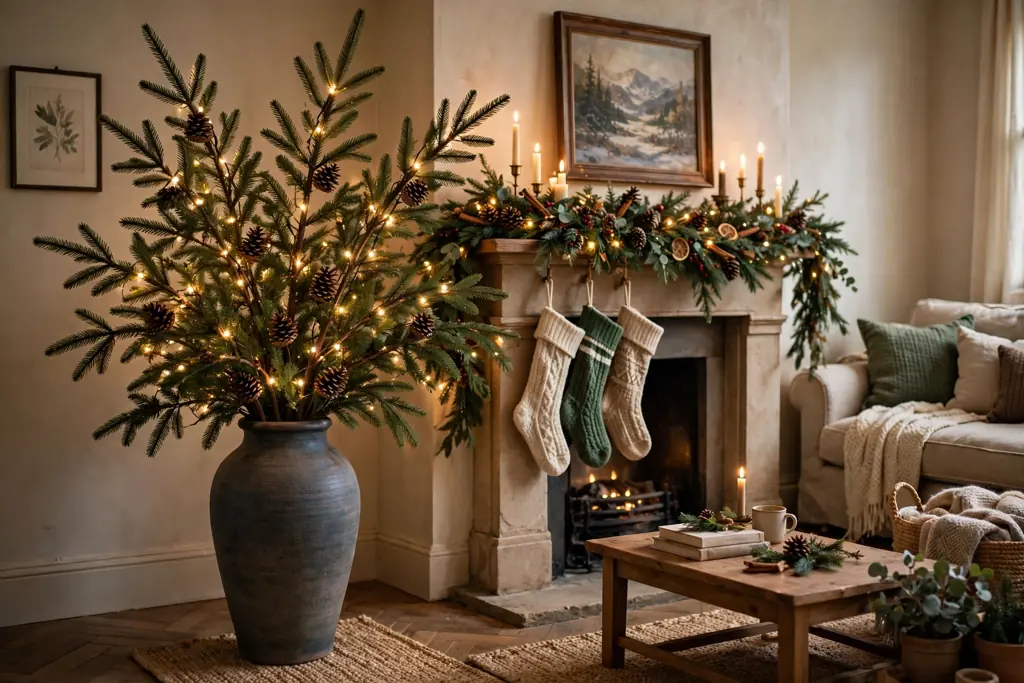 Tall floor vase with fir branches, pinecones, and warm lights beside a mantel.