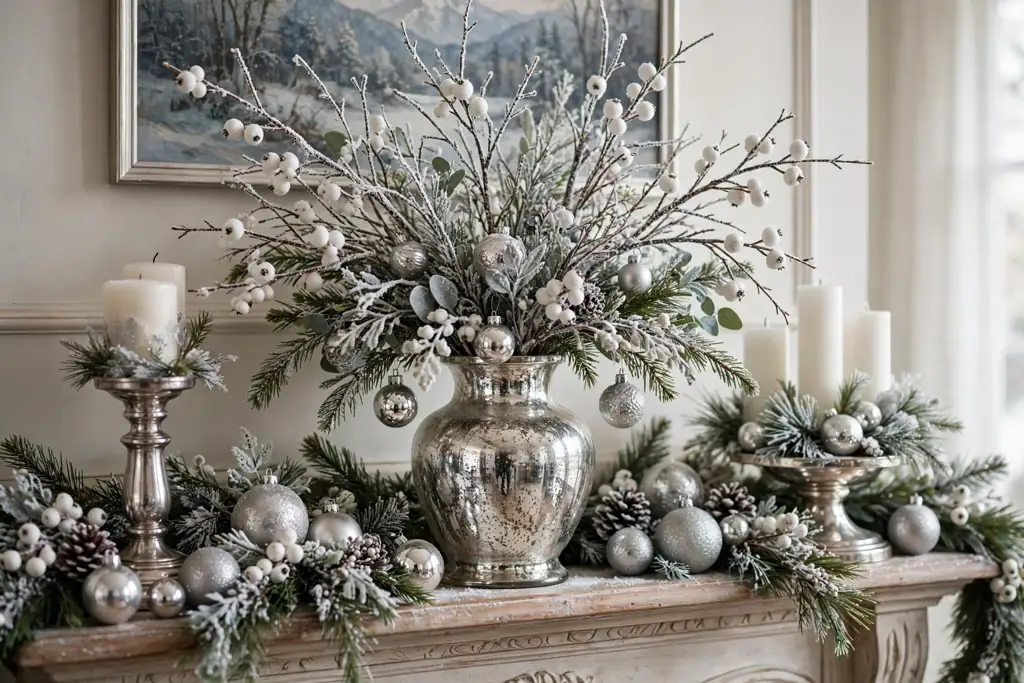 Mercury glass vase with frosted branches, silver ornaments, and white berries on a mantel.