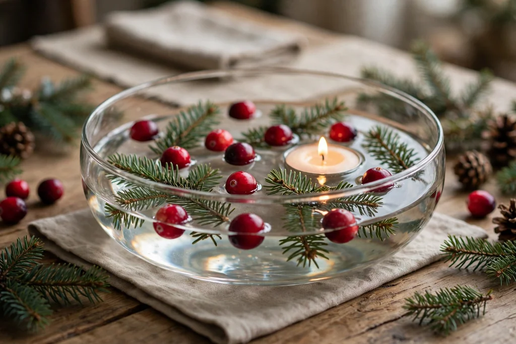 Low wide glass bowl with floating cranberries, fir sprigs, and a floating candle on a table.
