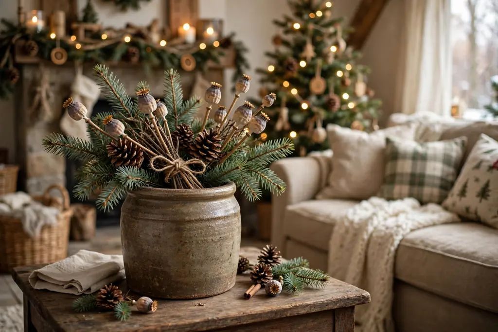 Stoneware crock with fir sprigs, pinecones, and dried seed heads tied with twine on a side table.