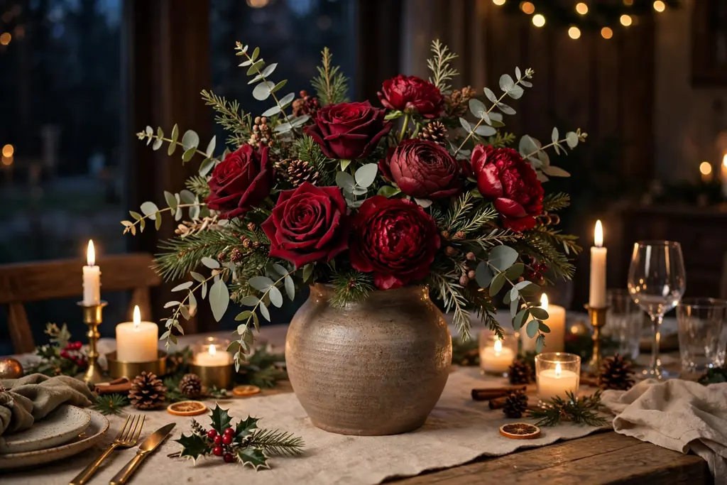 Ceramic vase with burgundy roses and eucalyptus on a dining table.