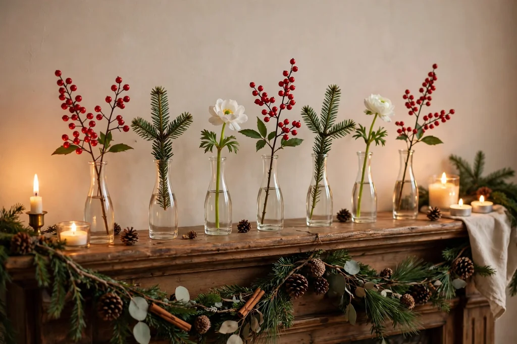 Small bud vases with single berry, fir, and bloom stems lined along a mantel.