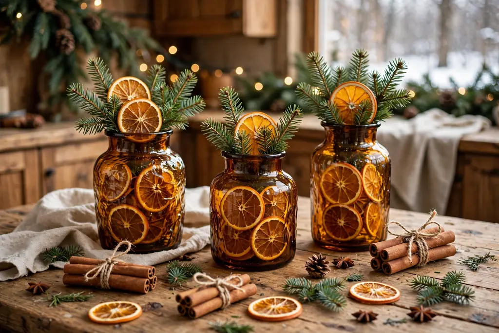 Amber glass vases with dried orange slices, cinnamon sticks, and fir sprigs on a kitchen table.
