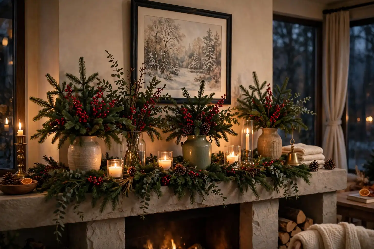 Festive mantel with Christmas vases filled with fir branches and red berries, candles, and a garland.