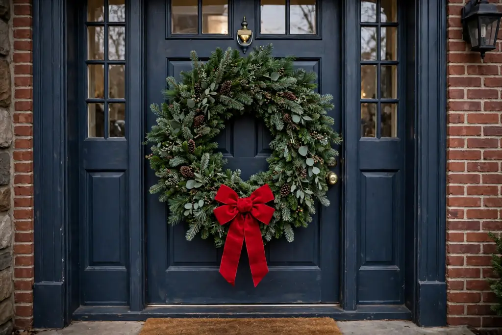 Classic evergreen Christmas wreath with a red bow on a front door.