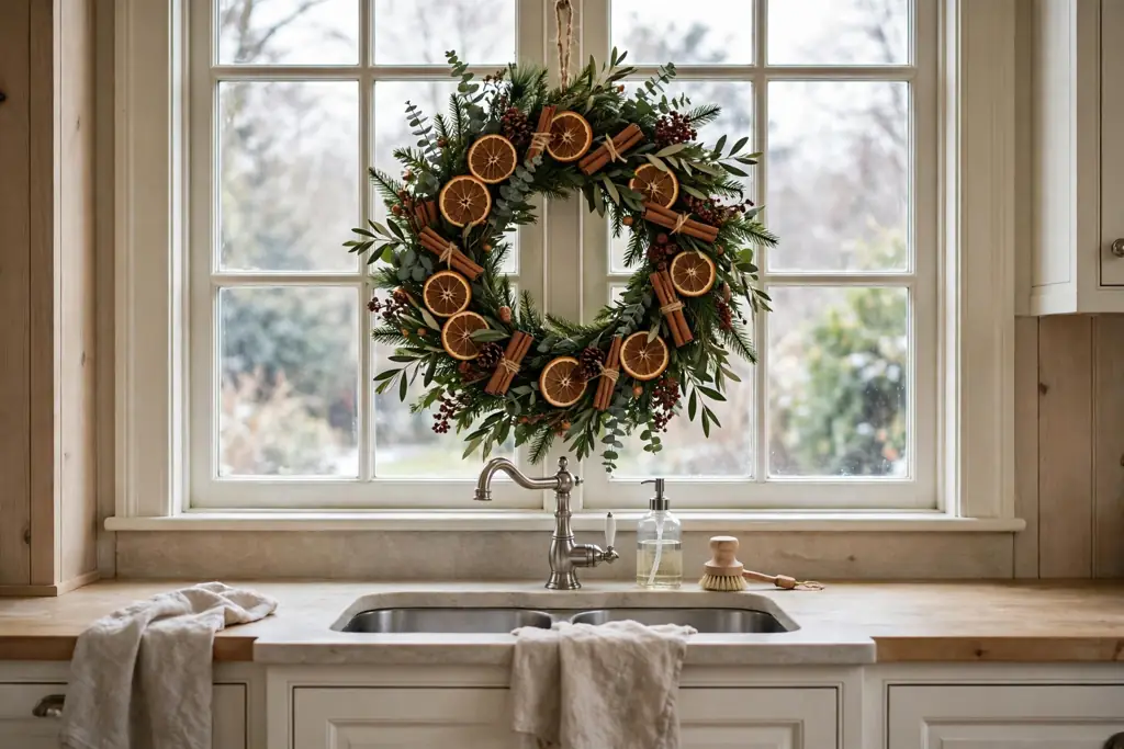 Dried orange and cinnamon Christmas wreath in a kitchen window above a sink.