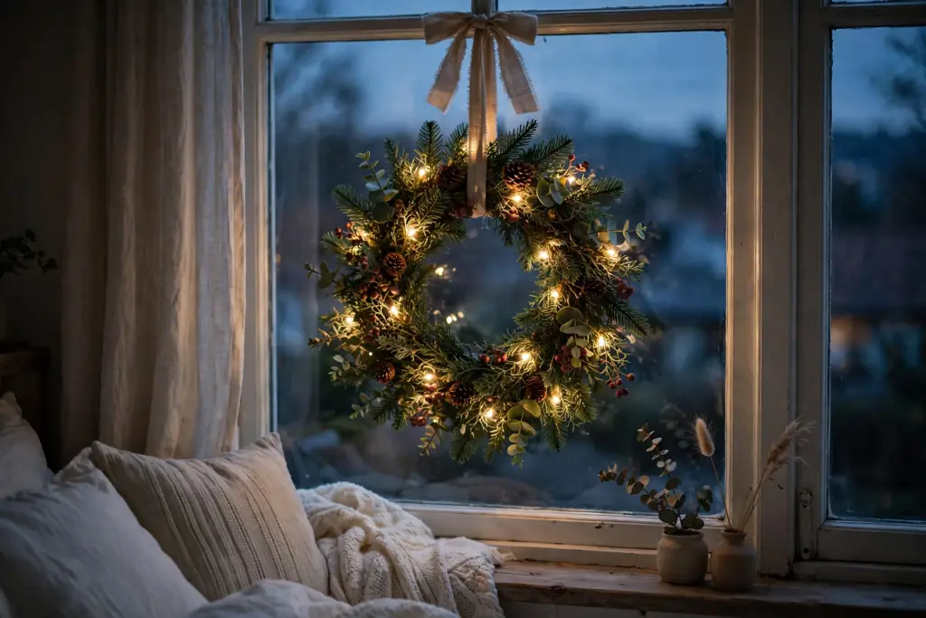 Small Christmas wreath with warm fairy lights in a bedroom window.