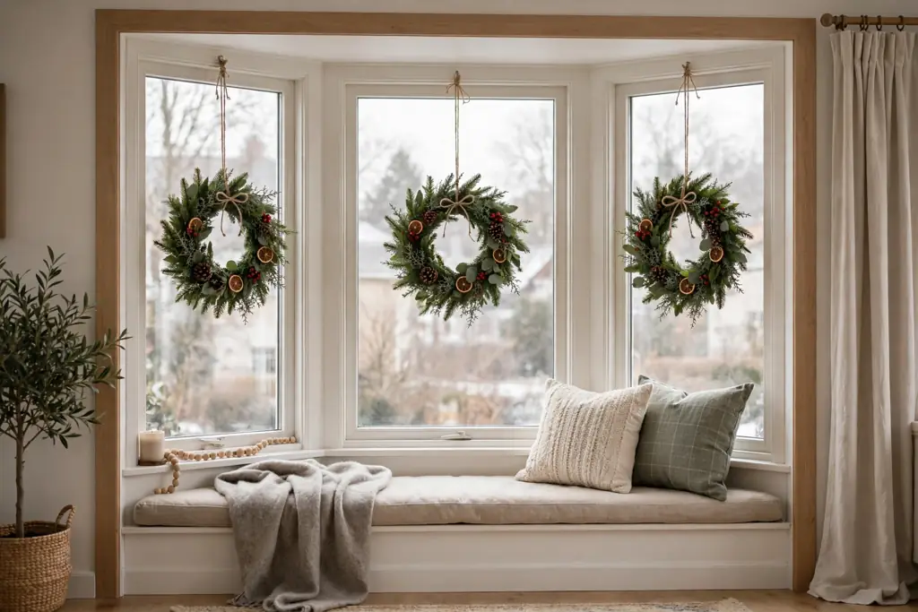 Three small matching Christmas wreaths across a bay window.