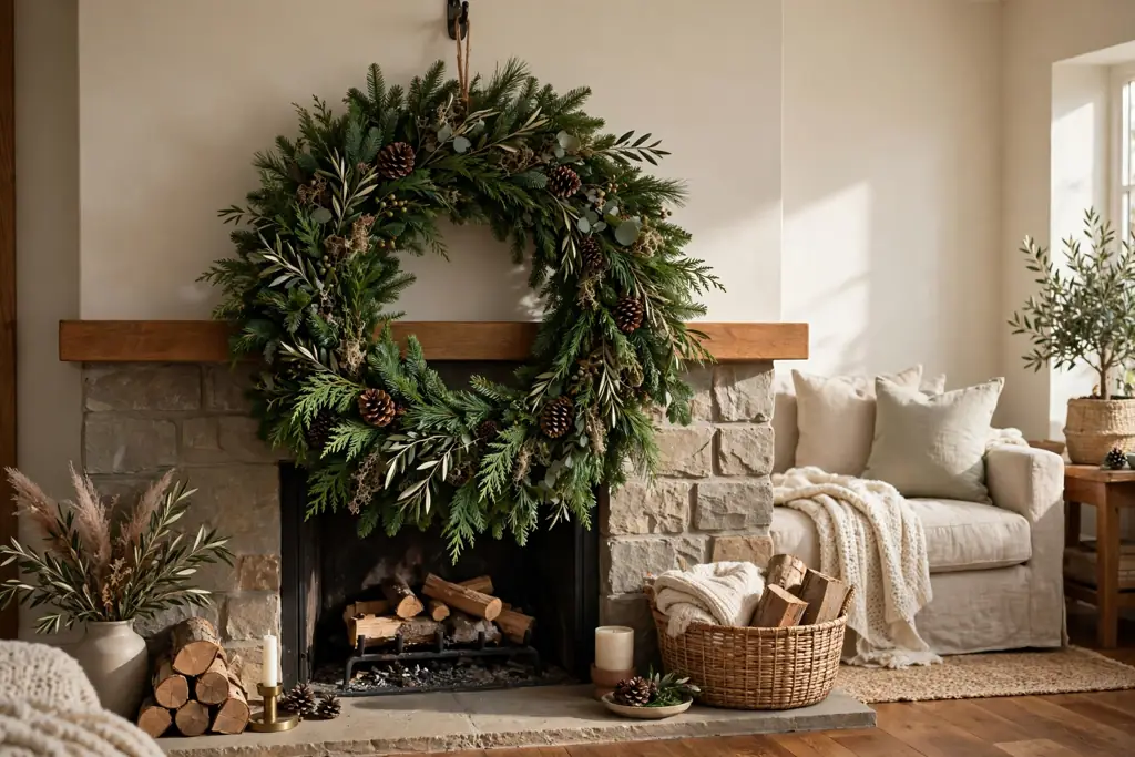 Large evergreen Christmas wreath hanging above a fireplace mantel.
