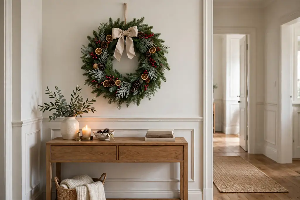 Christmas wreath hanging above a console table in an entry hallway.