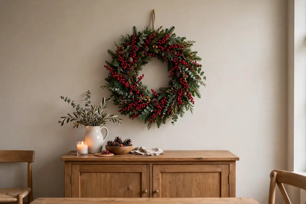 Berry Christmas wreath on a dining room wall above a sideboard.