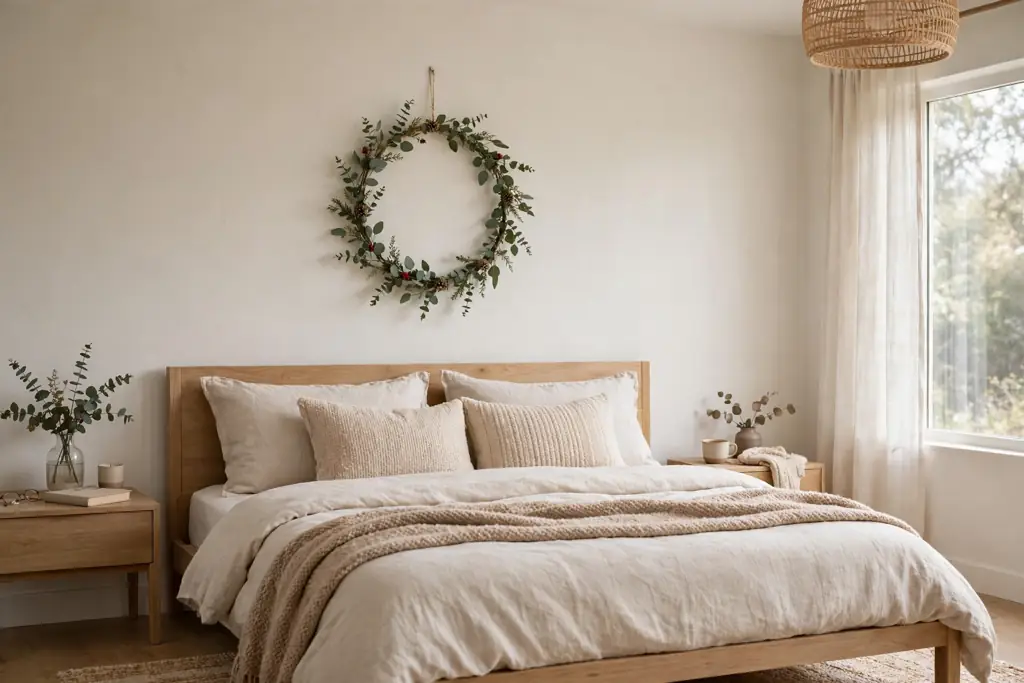 Slim eucalyptus Christmas wreath hanging above a bed.