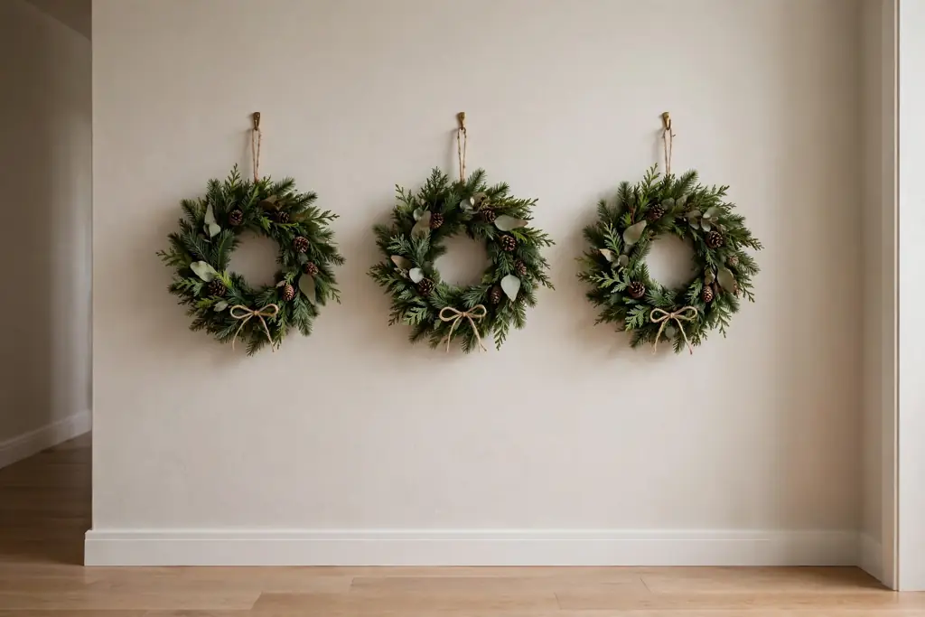 Row of three small identical Christmas wreaths on a hallway wall.