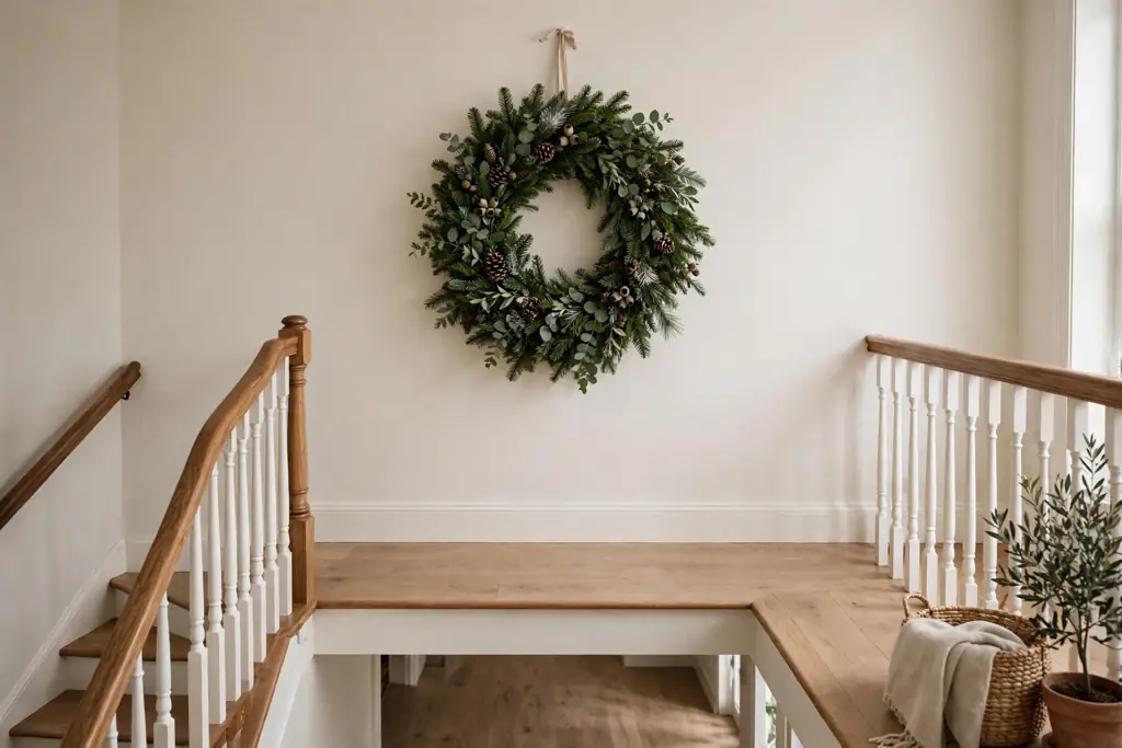 Evergreen Christmas wreath on a staircase wall above a landing.