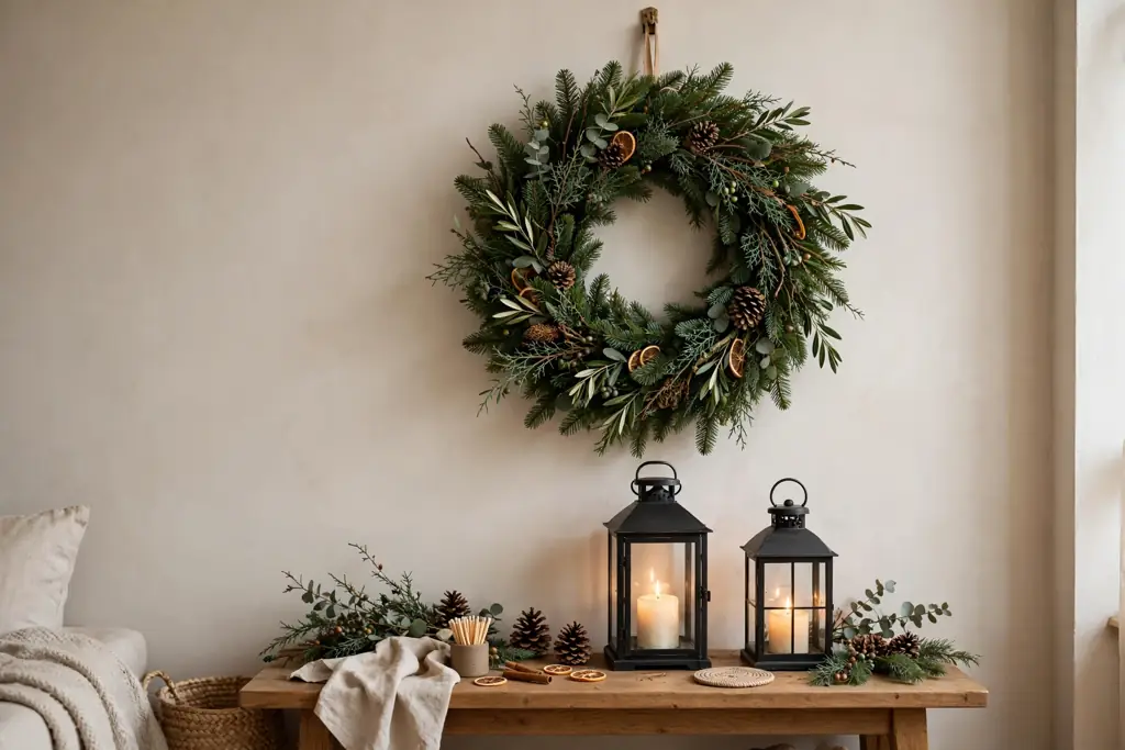 Evergreen Christmas wreath on a living room wall with lanterns below.