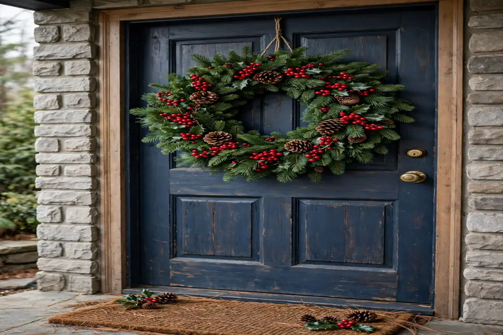 Evergreen Christmas wreath with red berries and pinecones on a front door.