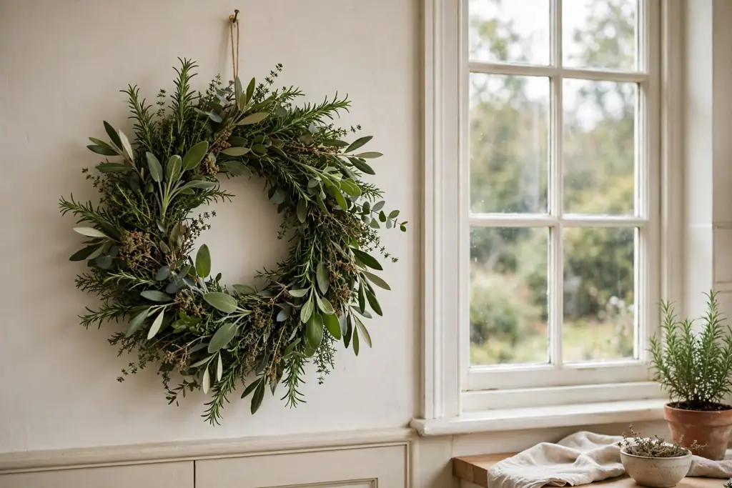 Herb and greenery Christmas wreath on a kitchen wall beside a window.