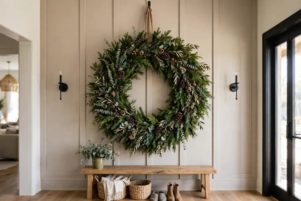 Oversized evergreen Christmas wreath on a large entry wall.