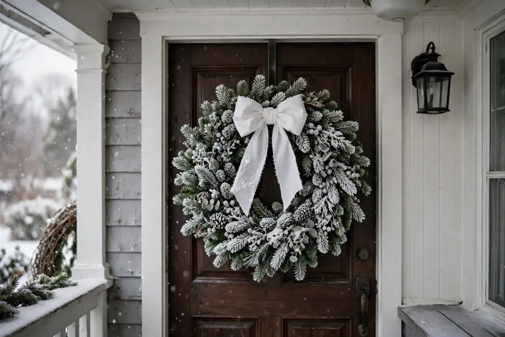 Frosted snowy Christmas wreath with a white bow on a covered porch door.
