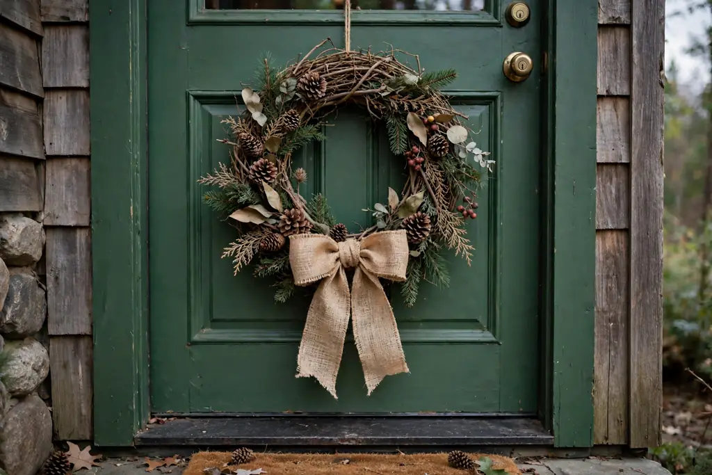 Rustic twig Christmas wreath with a burlap bow on a side door.
