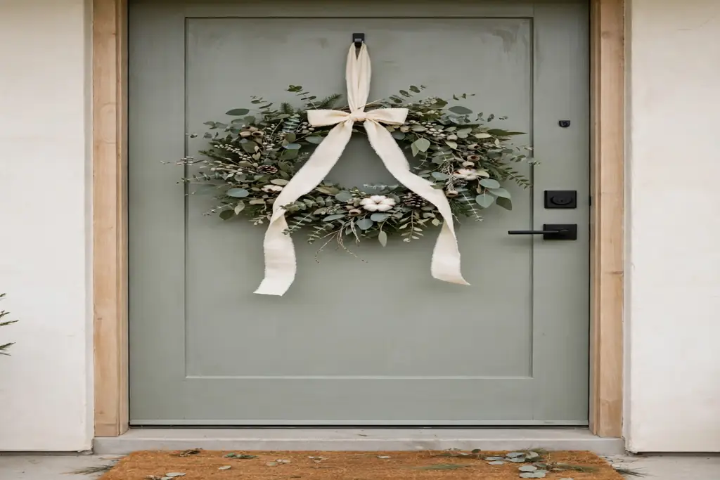 Modern eucalyptus Christmas wreath with a cream ribbon on a painted door.