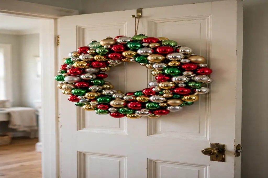 Christmas wreath made from red, green, gold, and silver ornaments on an interior door.