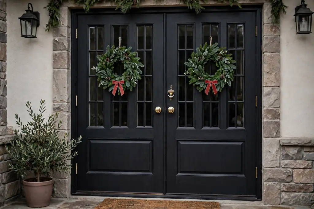 Matching mini evergreen Christmas wreaths on double doors.