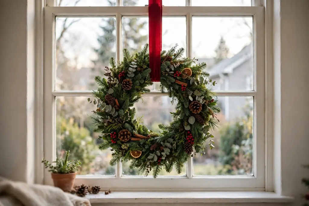 Christmas wreath hanging in a front window from a wide red ribbon.