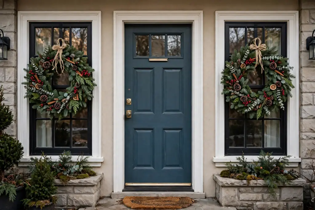 Pair of matching Christmas wreaths on twin windows beside a front door.