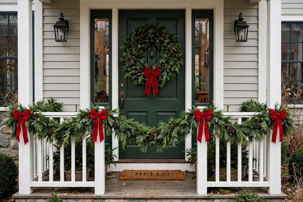 Front door with a pine wreath and matching pine garland along the porch rail.