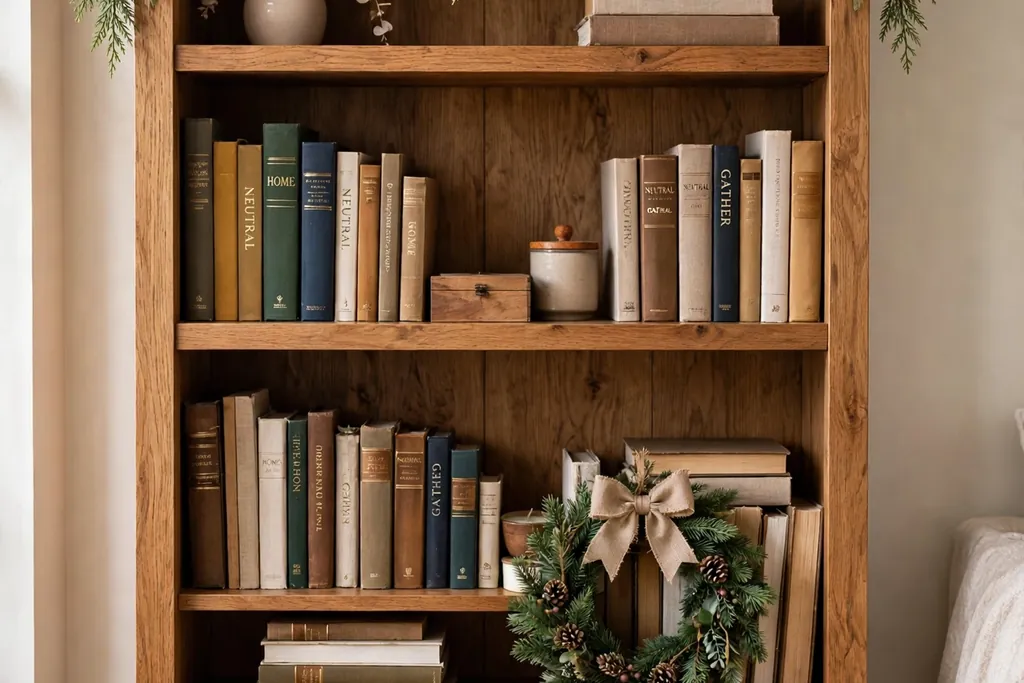 Bookcase with a garland swag on the top shelf and a wreath leaning on a lower shelf.