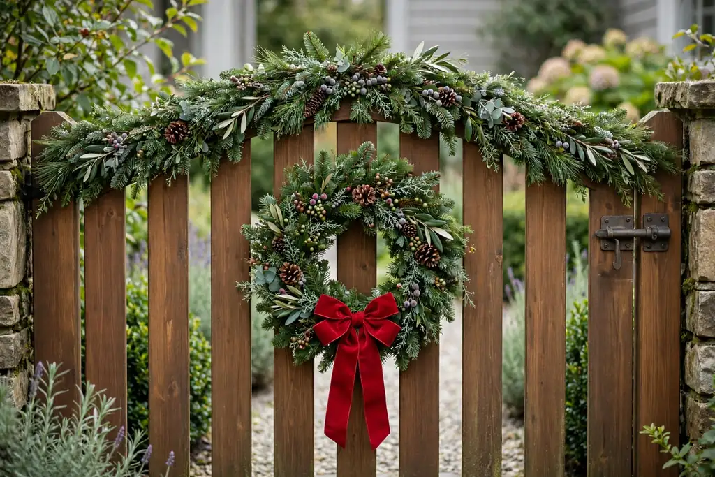 Garden gate with evergreen garland along the top rail and a wreath on the gate.