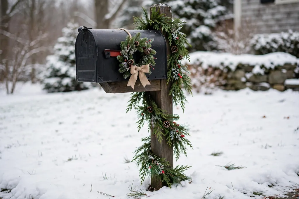 Mailbox post wrapped in garland with a mini wreath on the mailbox.
