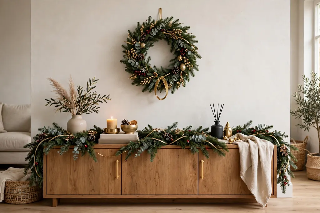 Media console with a garland along the top and a wreath on the wall above.