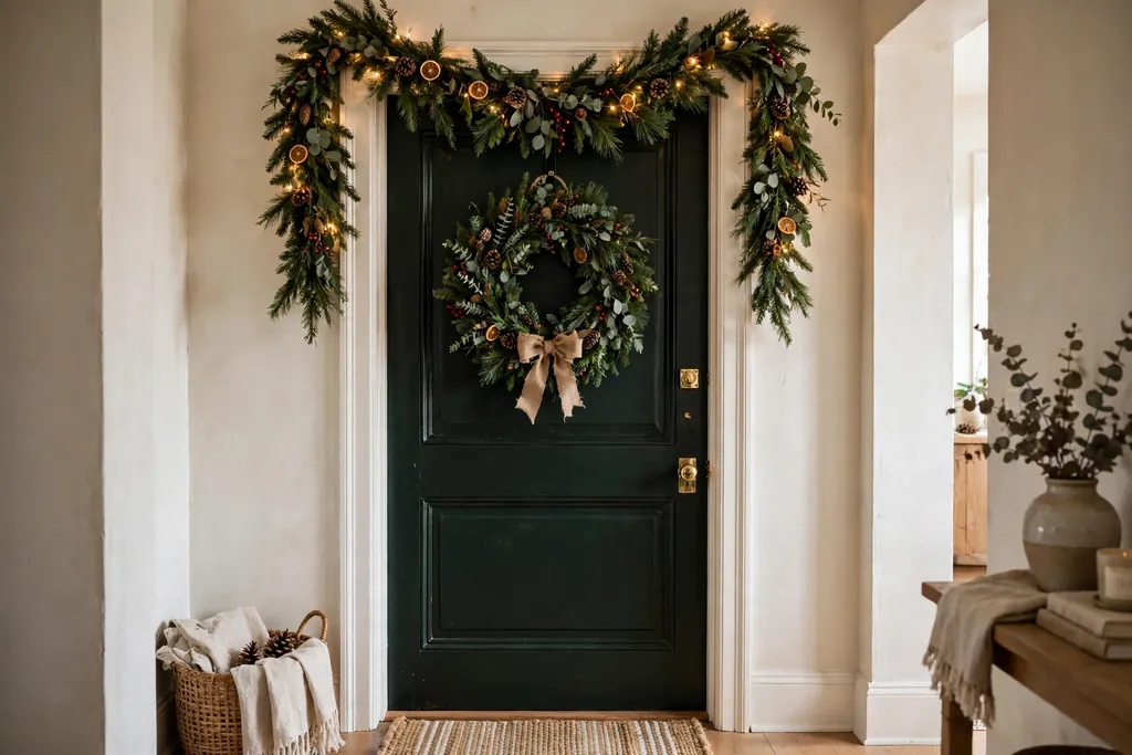 Interior doorway with garland over the door frame and a wreath on the door.
