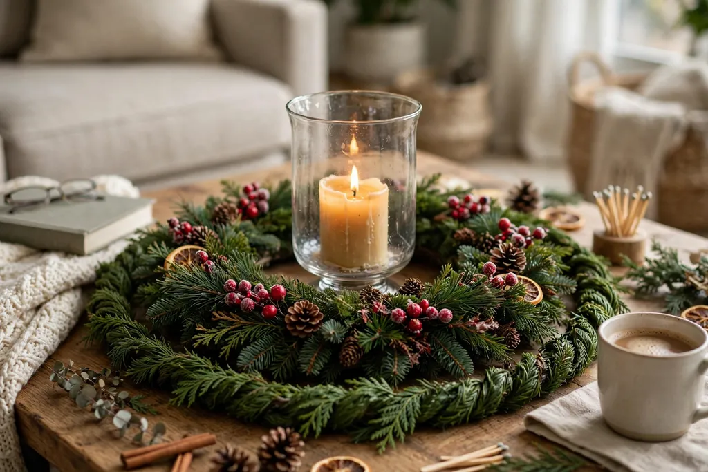 Coffee table centerpiece with a flat wreath ring and garland coiled around it.
