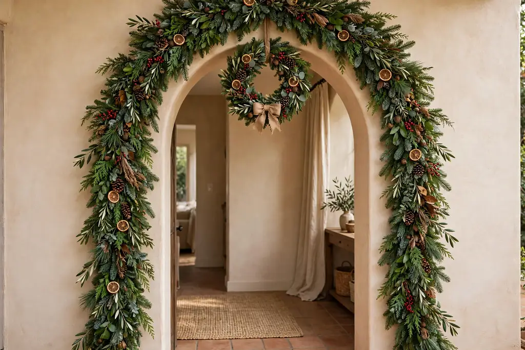 Arched doorway with garland following the arch and a wreath at the top center.