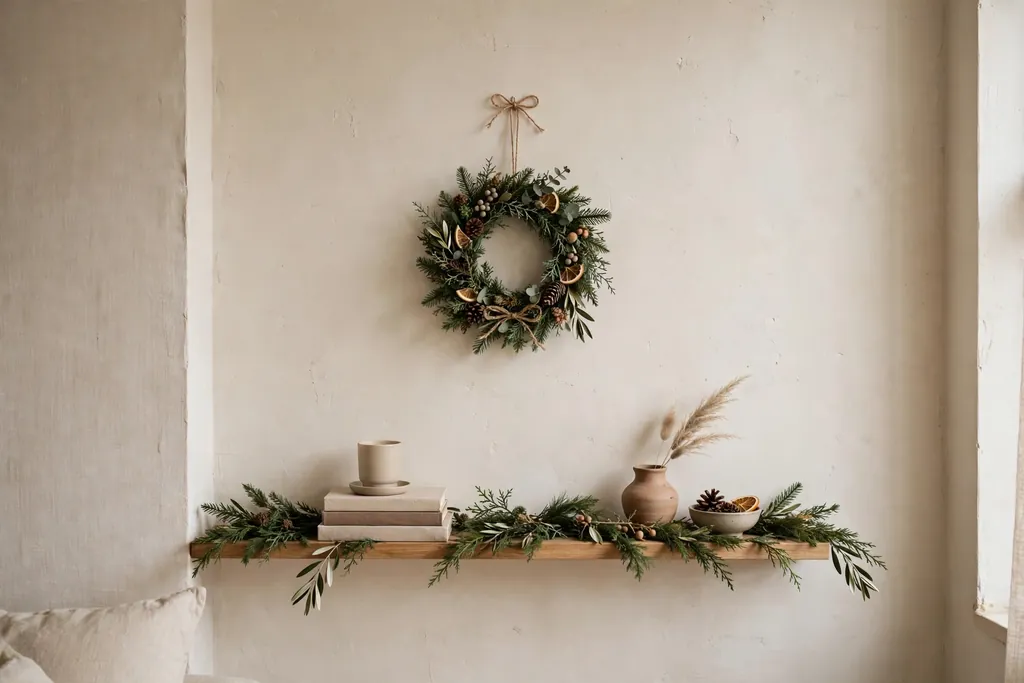 Small living room wall with a mini wreath and a short garland on a shelf.