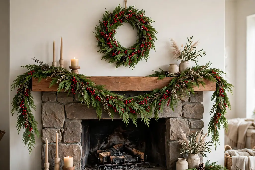 Fireplace mantel with a cedar garland and a cedar wreath hung above it.