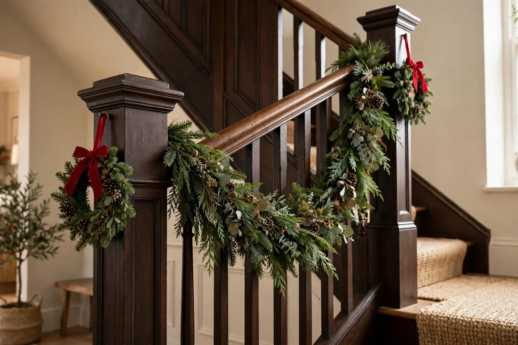 Staircase banister with swagged evergreen garland and small wreaths on the newel posts.