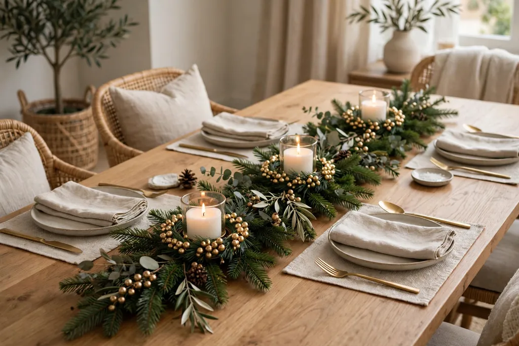 Dining table with a pine garland runner and mini wreath candle rings.