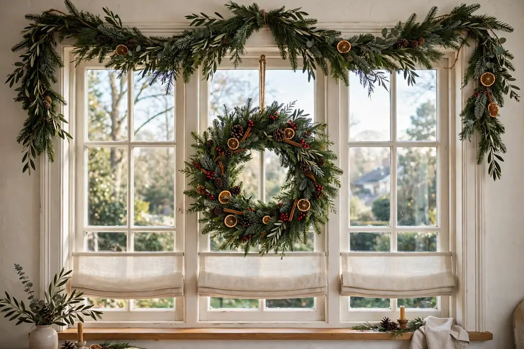 Window with a wreath in the center and garland across the top of the frame.