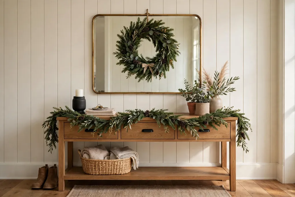 Entry console with a garland on top and a wreath above the mirror.