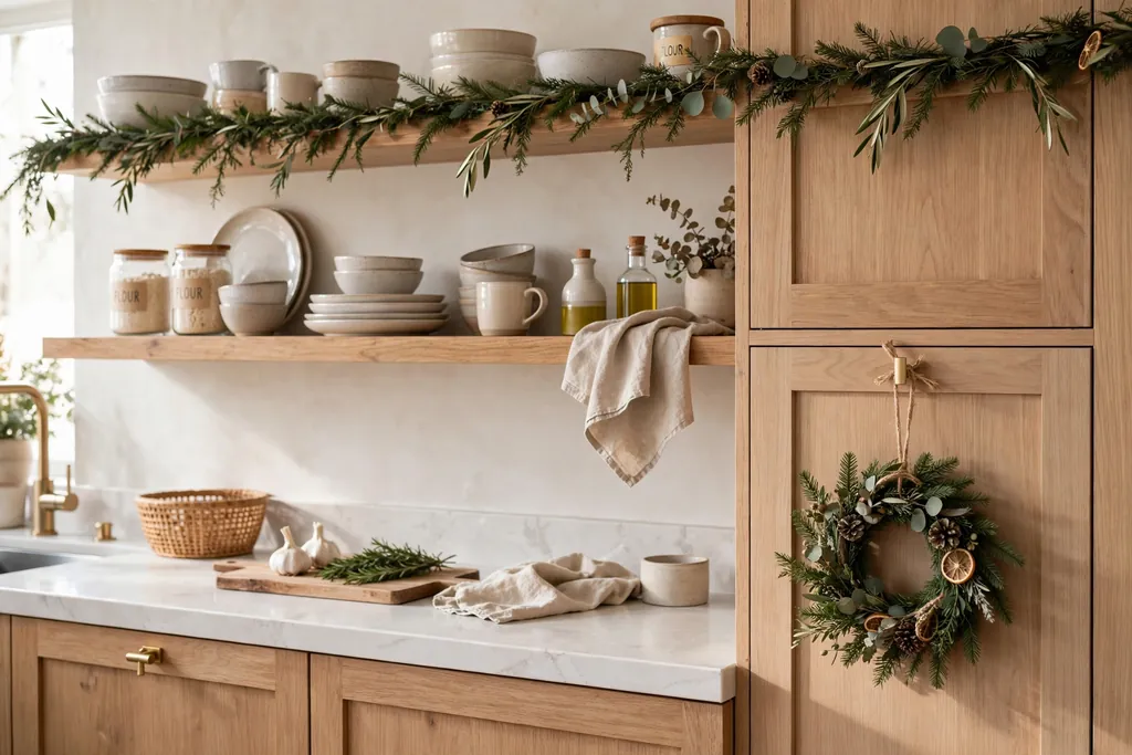 Kitchen shelves with a slim garland and a small wreath on a cabinet door.