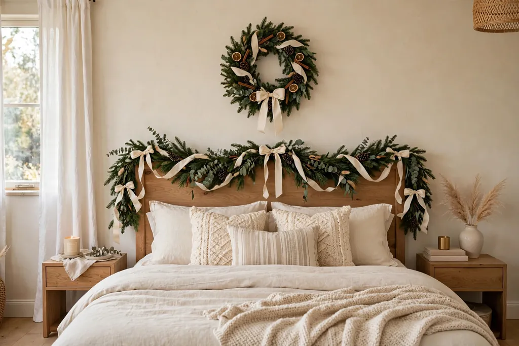 Bedroom with a garland across the headboard and a wreath above the bed.