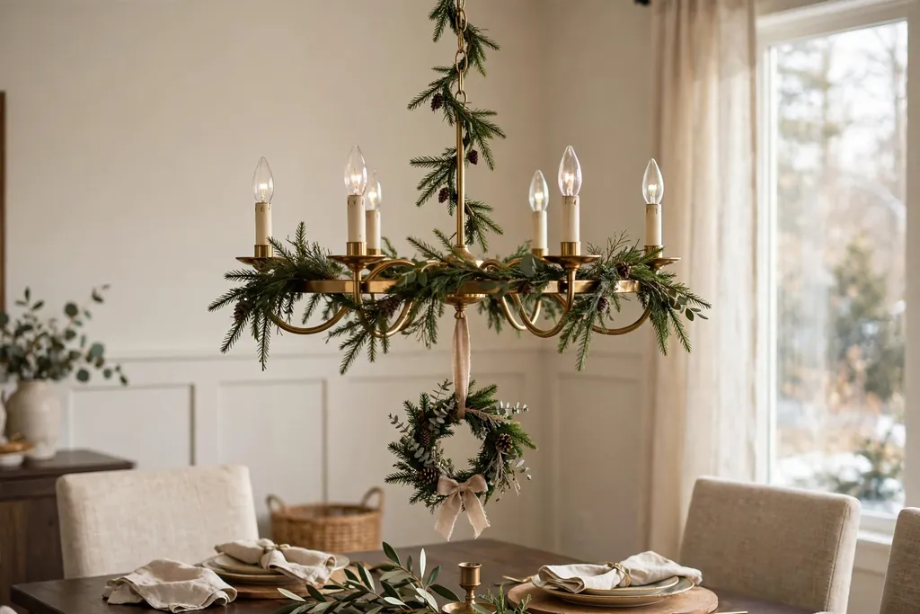 Chandelier wrapped in garland with a small wreath hanging from its center.