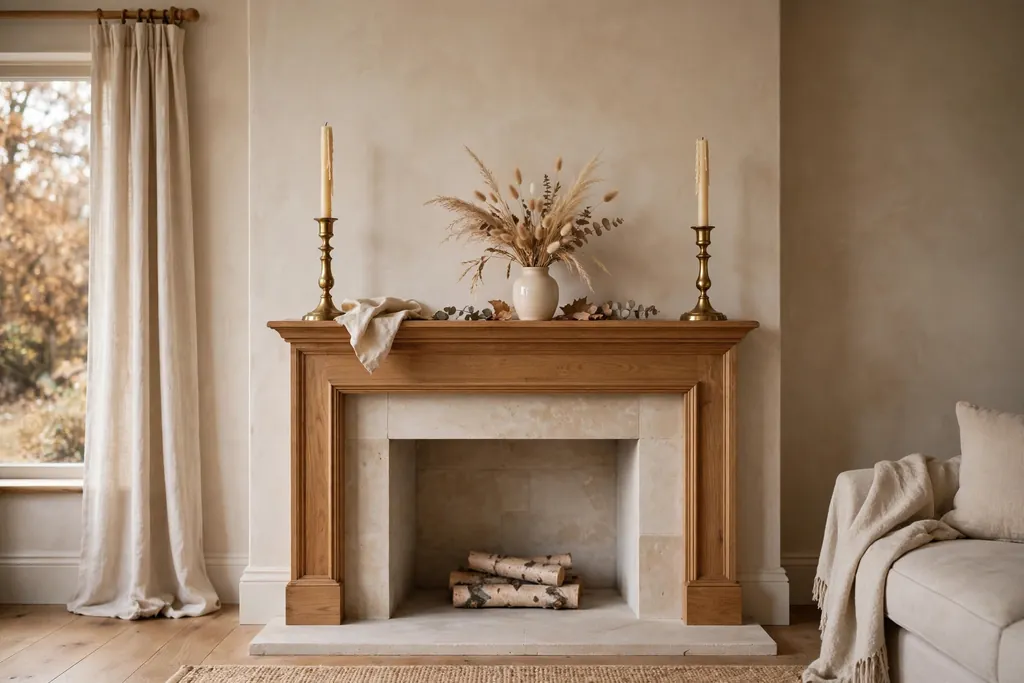 Fireplace mantel with brass candlesticks, cream taper candles, and dried grasses