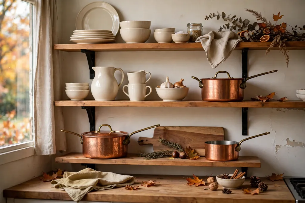 Open kitchen shelves styled with cream ceramics and copper pots